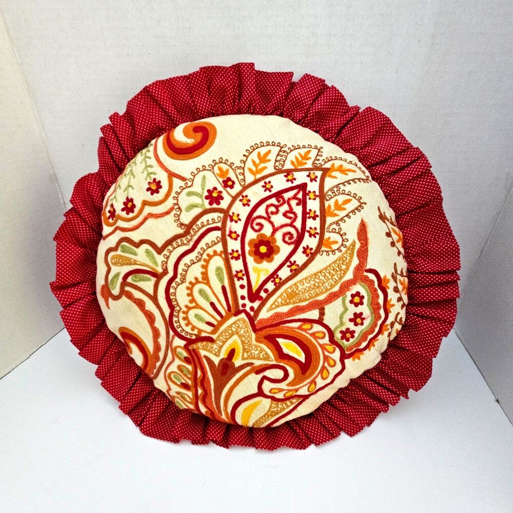 Pier 1 Round Boho Ruffle Pillow Red Polka Dot Embroidered Floral Design 13" Vtg